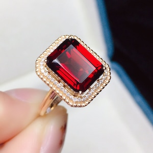 18k Rose Gold Emerald Cut Garnet Engagement Ring: Art Deco Wedding Ring