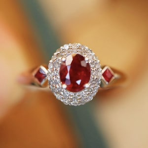 Genuine pigeon blood ruby wedding ring/Three stone ruby ring women/Double halo diamond ruby ring/High end oval ruby ring/July birthstone