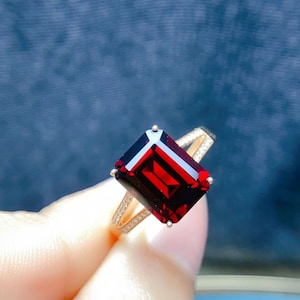 18k Rose Gold Emerald Cut Garnet Engagement Ring: Art Deco Wedding Ring