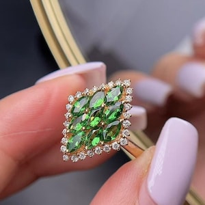unique Tsavorite cluster ring in 18k rose gold/diamond halo multi-stone ring/handmade art deco tsavorite ring women birthstone anniversary