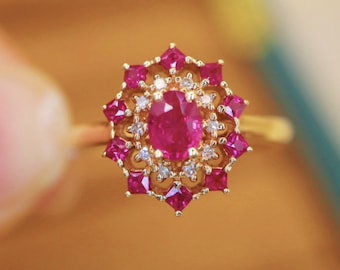 18k Gold Ruby Ring: Oval Engagement Ring, Diamond Double Halo, Vintage Style