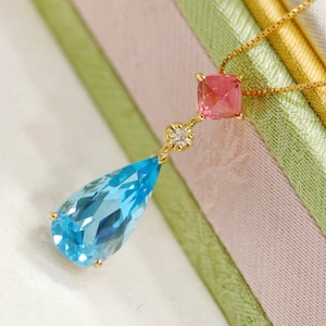 18k rose gold Swiss blue topaz pendant with tourmaline/Tear drop topaz birthstone jewelry/topaz necklace gift/Handmade mother's day gift