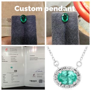 May include: A custom pendant with an oval emerald gemstone, surrounded by a halo of small diamonds, on a silver chain. The image also shows the emerald's gem grading report, including its weight of 2.18 carats and dimensions of 10.15-7.94-4.21 mm.