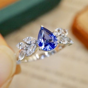 18k white gold natural blue sapphire engagement ring/Prong sapphire engagement ring/Unique half eternity sapphire wedding ring/Handmade ring