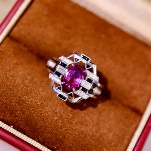 18k white gold genuine oval pink sapphire promise ring/diamond halo pink sapphire ring/Statement vintage sapphire ring/September birthstone