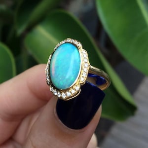 Unique Natural opal ring/Australian opal ring/18k rose gold opal ring/Art Deco opal ring/Handmade opal engagement ring/Opal jewelry women