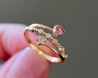 18k gold natural red pink tourmaline engagement ring/Minimalist heart pink tourmaline ring/Bezel setting pink tourmaline ring/unique pink
