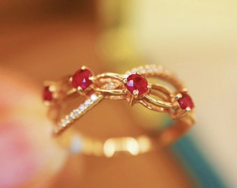 Natural Ruby Band 18K Solid Gold\Multi stone ruby stackable band\Unique ruby stacking band women\Crossover ruby band\July Birthstone band