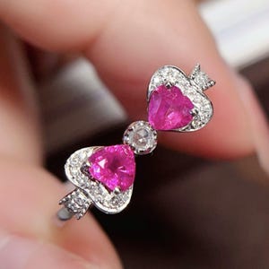 18k white gold natural pinkish ruby ring/Double heart ruby engagement ring/Unique heart ruby ring for women/Dainty heart ruby ring for her