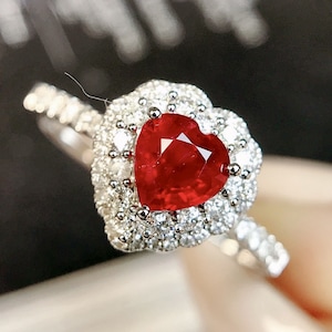 18k white gold genuine pigeon blood ruby ring/Cushion ruby engagement ring/Diamond halo ruby ring/High end ruby ring women/Dainty ruby ring