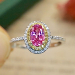 18k white gold genuine oval pink sapphire promise ring/Floral halo pink sapphire ring/Statement vintage sapphire ring/September birthstone