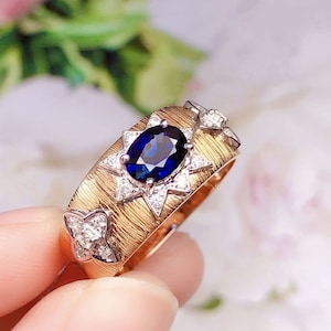 Anillo de compromiso con zafiro azul real natural en oro de 18 quilates/Anillo de compromiso con zafiro ovalado de Zambia/Anillo de zafiro art déco único/Zafiro antiguo