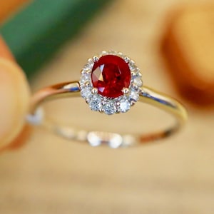 Handmade 18k White Gold Ruby Ring: Diamond Halo Engagement Ring