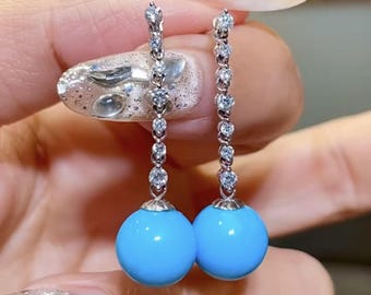 Handmade 18k White Gold American Turquoise Dangle Earrings: Diamond Paved