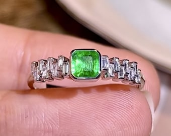 Handmade Emerald Engagement Ring: 14k Gold, Diamond Accents