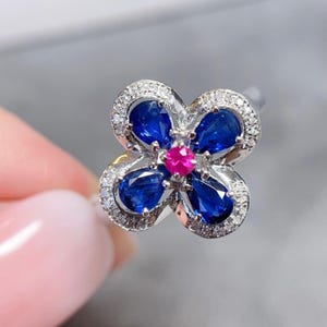 Unique real natural royal blue sapphire ring 18k white gold/Floral blue sapphire stacking ring/Diamond sapphire engagement ring for women