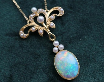 Vintage real opal pendant/Australian opal necklace/18k gold opal pendant/Art Deco opal pendant/Handmade opal jewelry/Opal necklace for women