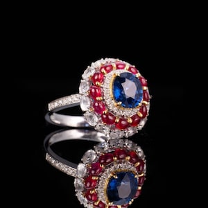 Unique blue sapphire ring with ruby halo/18k white gold sapphire ring/18k ruby ring/natural stone ring/July birthstone ring for women/Celtic