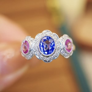 Natural Three stone sapphire ring 18k white gold/Unique blue with pink sapphire ring/Art deco vintage sapphire ring/Multi birthstone ring