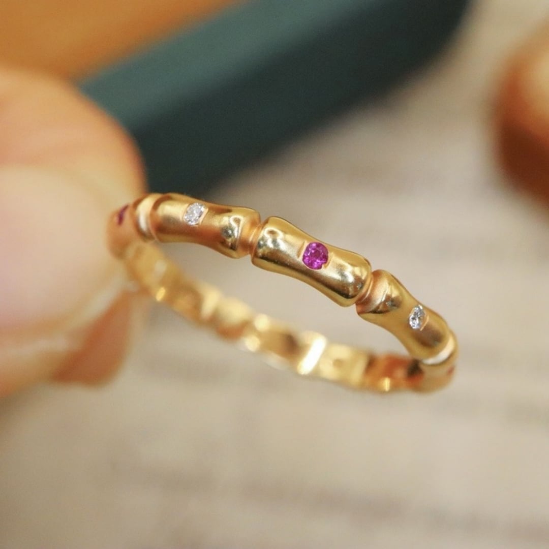 Stackable Genuine Pinkish Ruby Band 18k Solid Gold/minimalist Stacking ...