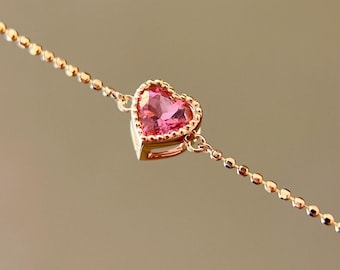 18k gold pink tourmaline bracelet/heart pink tourmaline bracelet/pink tourmaline jewelry/anniversary tourmaline jewelry/pink stone bracelet