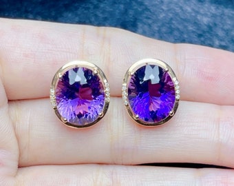 Pendientes de amatista ovalada auténtica en oro rosa de 18 quilates. Pendientes de amatista con bisel minimalista. Pendientes de amatista modernos hechos a mano. Pendientes personalizados con piedra de nacimiento de febrero.