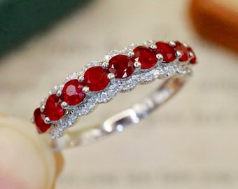 Genuine Mozambique Ruby Band: 18K White Gold Wedding Ring