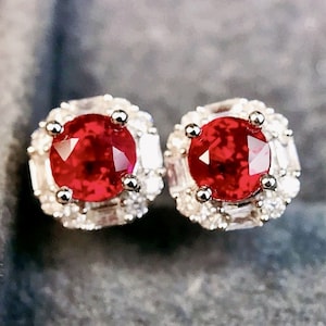 18k white gold genuine pigeon blood ruby stud\Unique heart ruby studs/Dainty floral ruby studs/Diamond petal ruby studs/Art Deco ruby studs