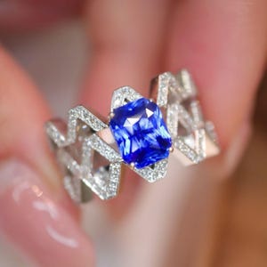 Unique 18k white natural sapphire engagement ring/Royal blue sapphire promise ring and diamond/Unique geometric style sapphire ring women