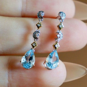 Teardrop real aquamarine earrings/18k white gold aquamarine earring/aquamarine jewelry/earlobe aquamarine jewelry/push present/mother&#39;s day