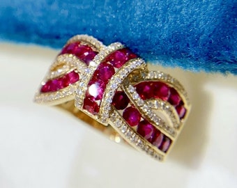 18K Gold Ruby Band Ring: Genuine Mozambique Red ruby Gemstone, Diamond Accents ruby ring/Natural Untreated ruby fine jewelry gift