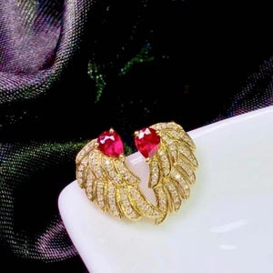 18k solid gold earth mined wing ruby studs\Unique real ruby studs/Handmade rine ruby studs/Diamond Art Dec ruby studs anniversary birthday