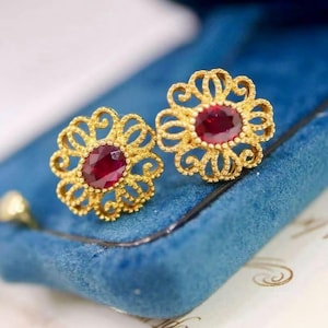Vintage Floral Ruby Studs: 18k Gold Art Deco Earrings/vintage style ruby studs earrings/hollow out gold ruby studs/unique hand made jewelry