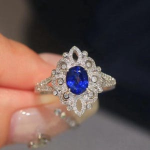 Dainty 18k white natural sapphire engagement ring/Sri Lanka Royal blue halo sapphire promise ring/Unique vintage sapphire ring for women