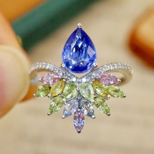 Unique cluster blue sapphire promise ring 18k white gold/Natural multi-stone sapphire ring/Art deco pear sapphire ring\Multi color ring