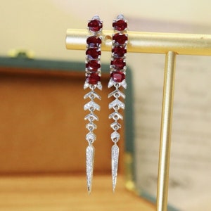 Minimalist ruby earring dangles/18k white gold natural ruby earrings/Diamond halo ruby earrings/statement ruby earrings/Modern Art Deco ruby
