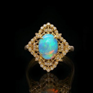 Australian Opal Ring: 18k Rose Gold, Art Deco Diamond Engagement Ring
