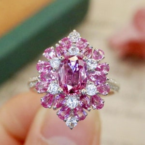 Natural unheated pink sapphire promise ring 18k white gold/Diamond Padparadscha sapphire ring/Fine oval sapphire ring/Statement pink sapphir