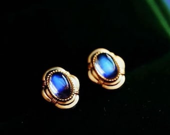 Handmade 18k Gold Blue Moonstone Stud Earrings: Art Deco Jewelry