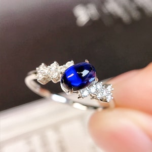 Dainty 18k white natural sapphire engagement ring/Royal blue sapphire promise ring and diamond/Unique double bands sapphire ring for women