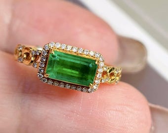 Natural Emerald Engagement Ring: 18k Gold Diamond Accent, Zambian Emerald