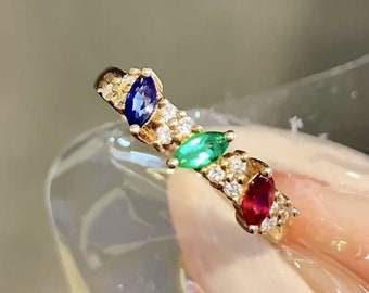 Natural multi-color gems band/Rainbow rose gold ring/18k gold sapphire emerald ruby ring/Three stone ring/unique art deco multi-stone ring