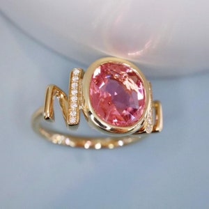18k gold natural cherry pink tourmaline engagement ring/Gold and diamond pink tourmaline ring/Bezel setting pink tourmaline ring/unique pink