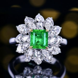 Luxurious high end natural emerald ring/Emerald center stone with diamond accents/handmade initial emerald ring/Real emerald promise ring