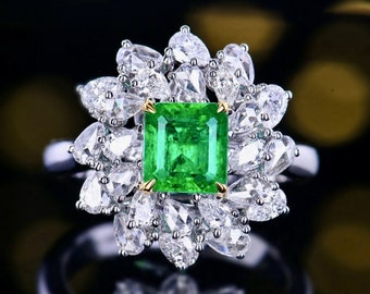 Handmade Zambian Emerald Ring: Diamond Halo, 14k Gold Promise Ring
