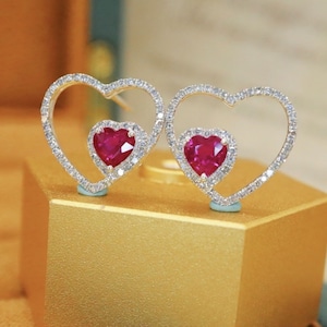 18k white gold genuine pigeon blood ruby stud\Unique heart ruby studs/Dainty floral ruby studs/Diamond petal ruby studs/Art Deco ruby studs