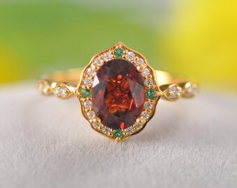 18k rose gold garnet engagement ring/Garnet ring with emerald and diamond accent/Unique garnet ring for women/red garnet ring antique ring