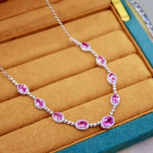 18k white gold pink sapphire choker necklace/Halo diamond oval pink sapphire necklace/Stacking pink sapphire necklace/September birthstone