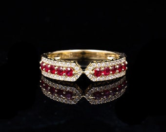 18K Solid Gold Ruby Wedding Band Ring: Mozambique Red Gemstone