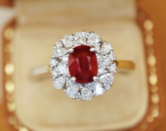 High End Natural Oval Ruby Ring/18k white gold natural ruby ring/Diamond halo ruby engagement ring/July birthstone ring/Modern ruby ring